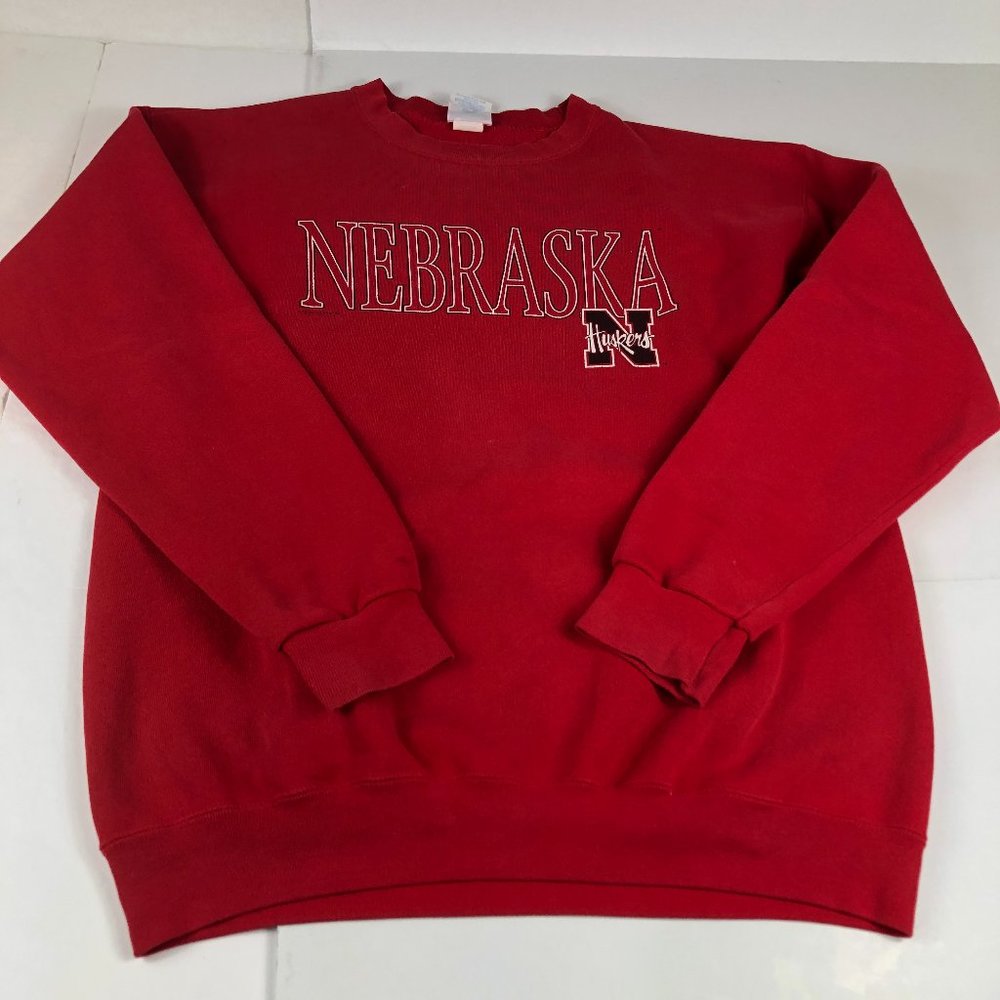 VTG Nebraska Huskers Sweatshirt Men Large Red Spell Out Logo Crewneck Santee USA